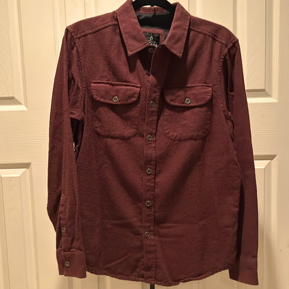 prAna Men’s Small Button Down Shirt, burgundy/navy.